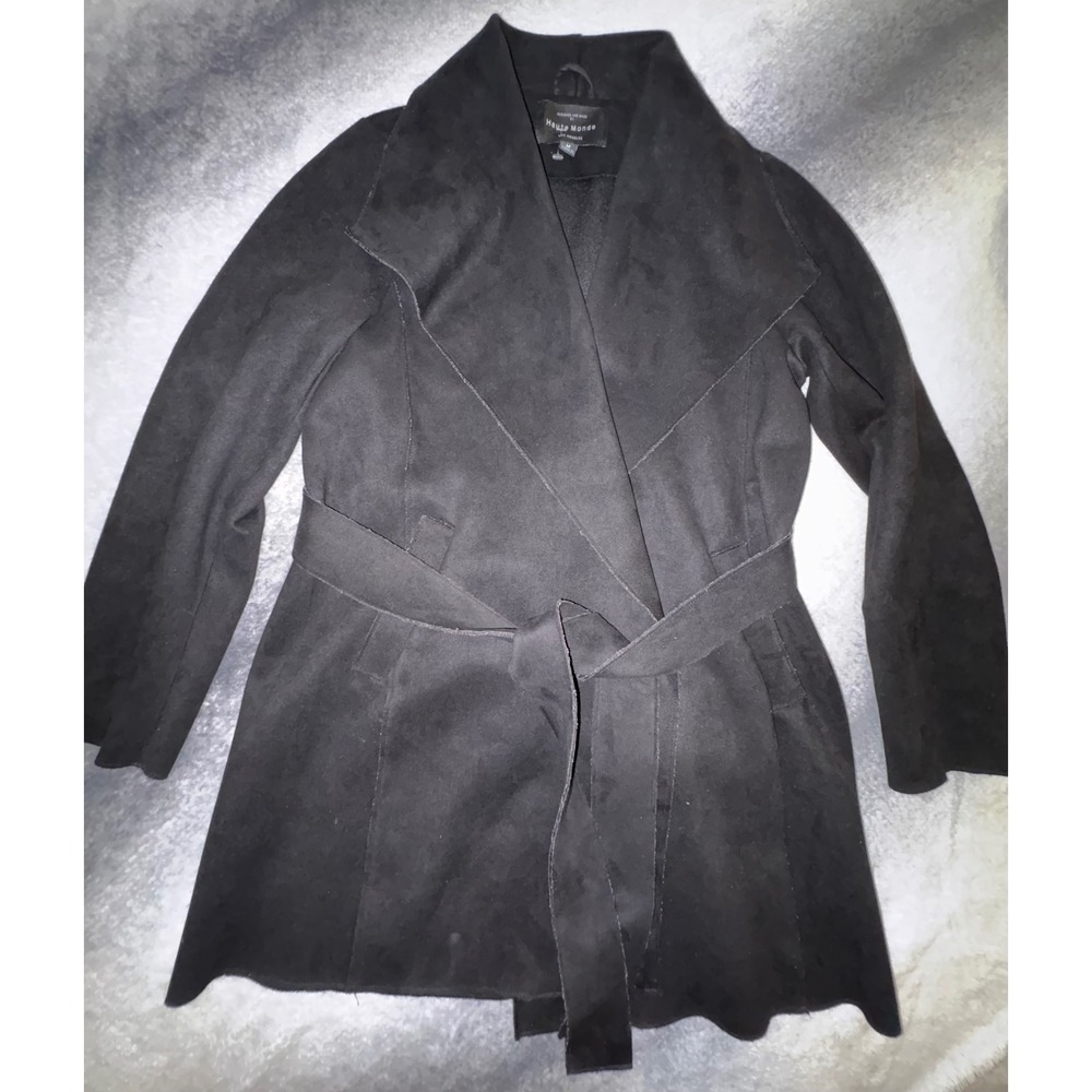 Haute Monde Black Faux Suede Draped Wrap Jacket Belted Womens Medium